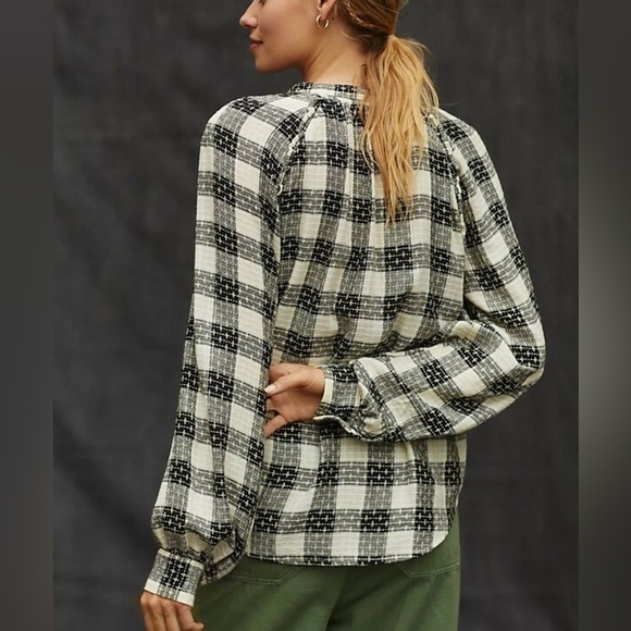 PILCRO Plaid Button Front Blouse Black Cream Lightweight Top Small Anthropologie - Picture 12 of 12